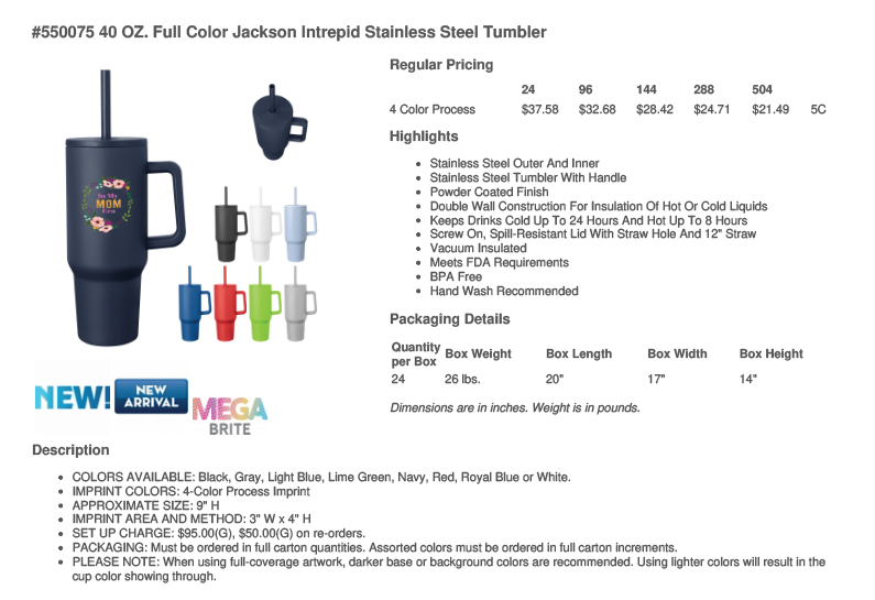 40 OZ. FULL COLOR JACKSON INTREPID STAINLESS STEEL TUMBLER
