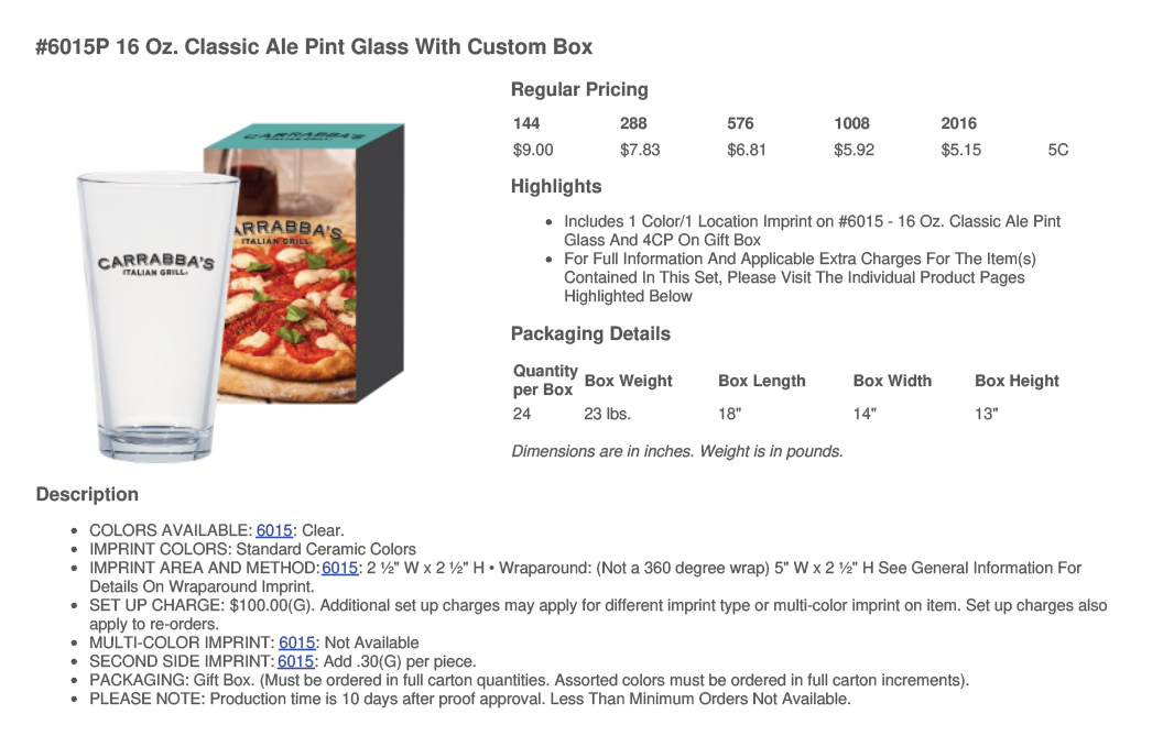 #6015P - 16 OZ. CLASSIC ALE PINT GLASS WITH CUSTOM BOX