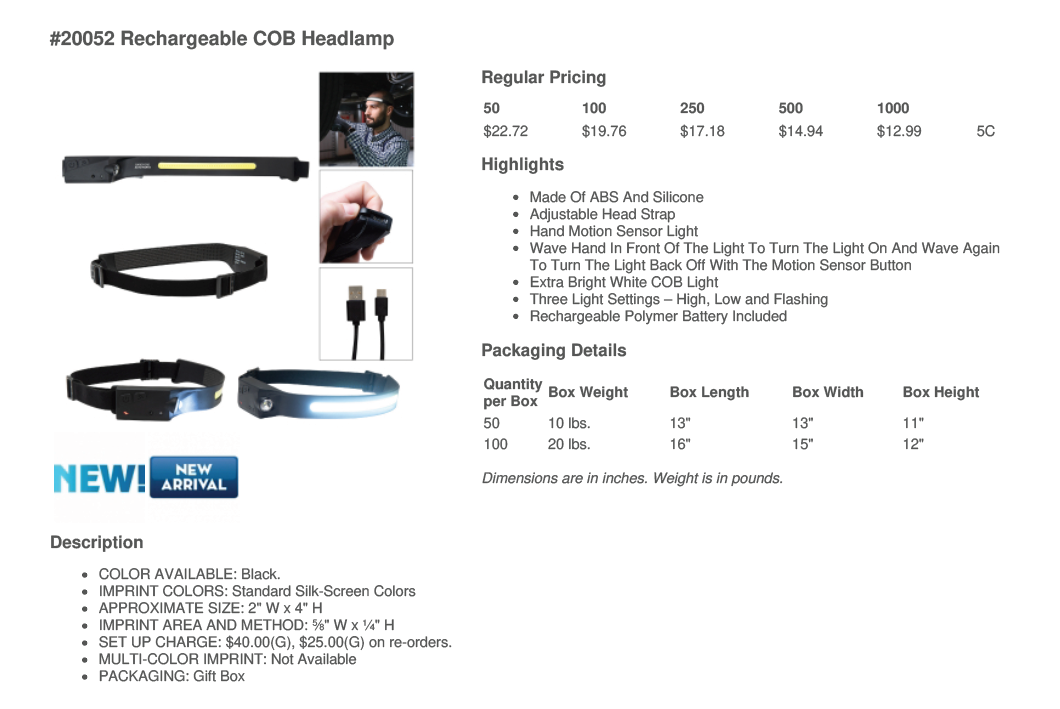 #20052 RECHARGEABLE COB HEADLAMP