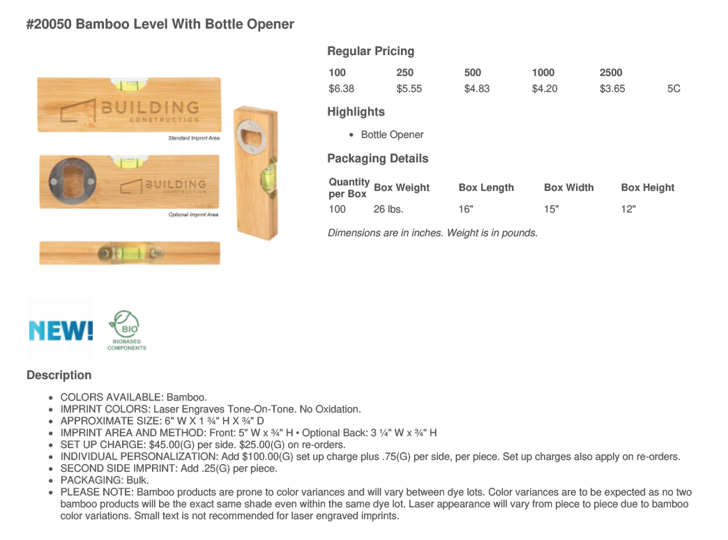 #20050 BAMBOO LEVEL WITH BOTTLE OPENER