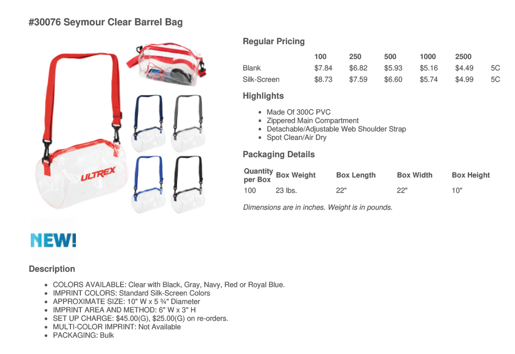 #30076 SEYMOUR CLEAR BARREL BAG